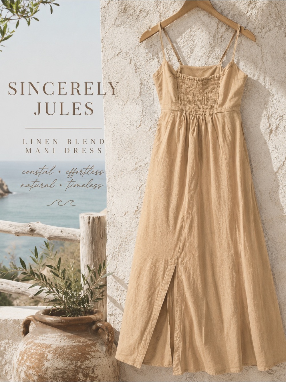Sincerely Jules Linen Blend Asymmetrical Maxi Dress Tan Beige Small